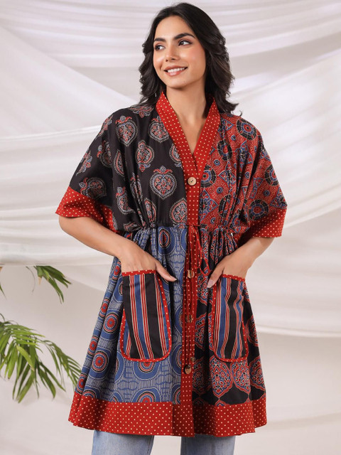 Jaipur Morni Ethnic Motifs Print Kimono Sleeve Tie-Ups Cotton Kaftan Longline Top