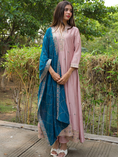MOKOSH Floral Embroidered Panelled Sequinned Silk Anarkali Kurta With Trouser & Dupatta