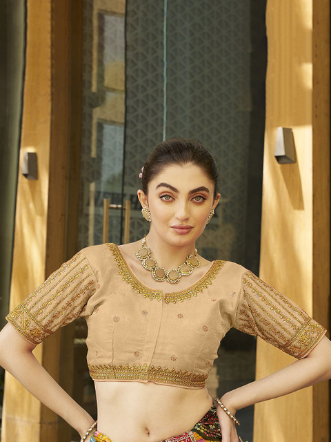 HERE&NOW Embroidered Silk Round Neck Readymade Saree Blouse