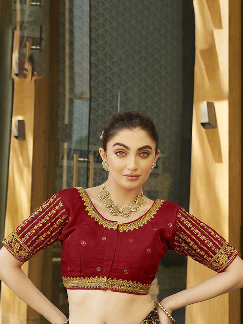 HERE&NOW Embroidered Silk Round Neck Readymade Saree Blouse