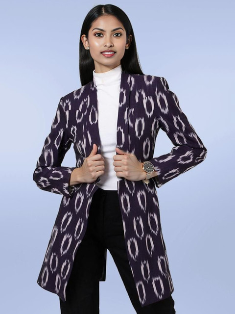 Talethread Ikat Printed Cotton Open-Front Casual Blazer