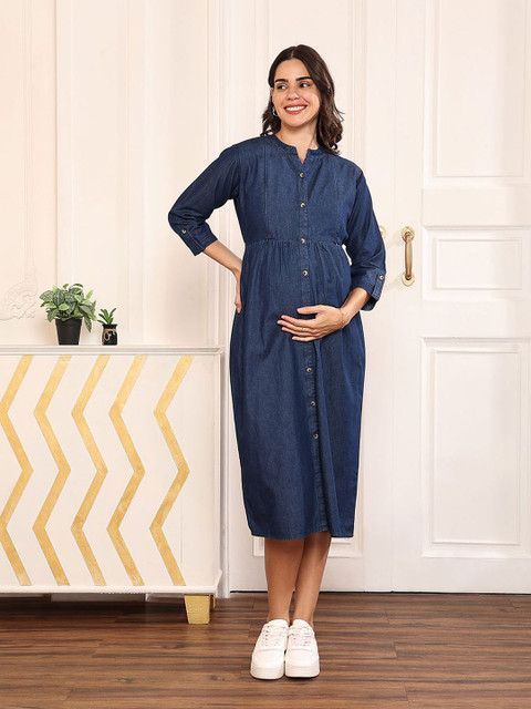 MomToBe Women Cotton Dark Blue Maternity Denim Dress