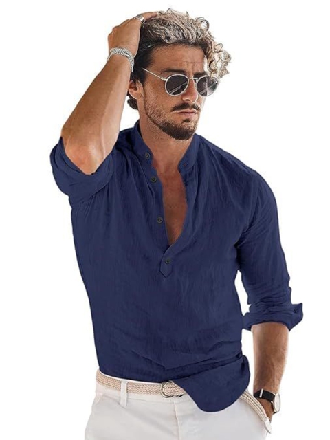 APEKTRA Band Collar Roll-Up Sleeves Slim Fit Short Kurta
