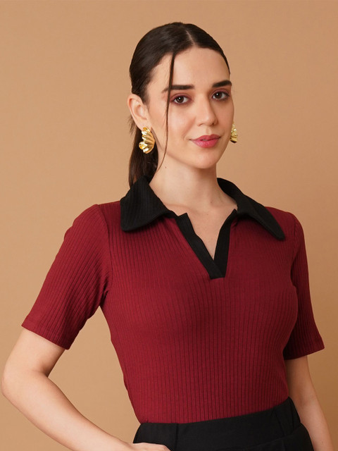Chemistry Ribbed Shirt Collar Regular Cotton Top