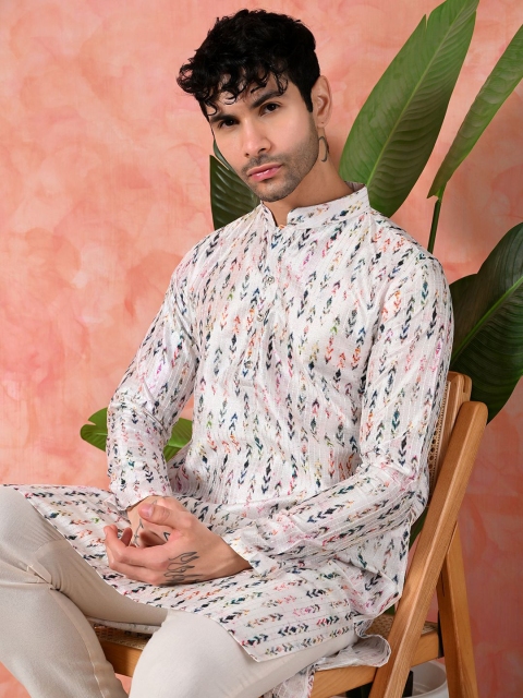 7 GEN Men Ethnic Motifs Printed Screen Print Festive Silk Straight Kurta - Image 7