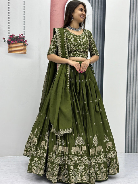 BAESD Embroidered Sequinned Art Silk Semi-Stitched Lehenga & Blouse With Dupatta