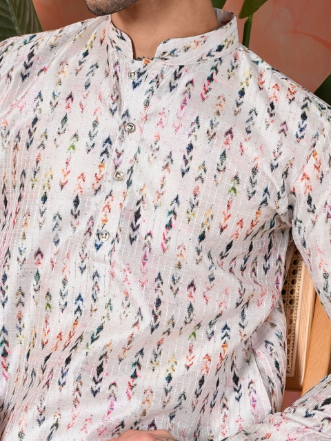 7 GEN Men Ethnic Motifs Printed Screen Print Festive Silk Straight Kurta - Image 2