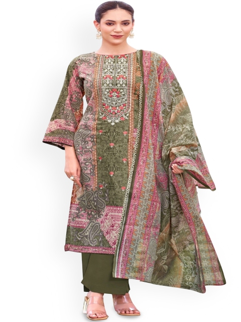 DRAVINAM Trends Floral Embroidered Thread Work Pure Cotton Unstitched Dress Material