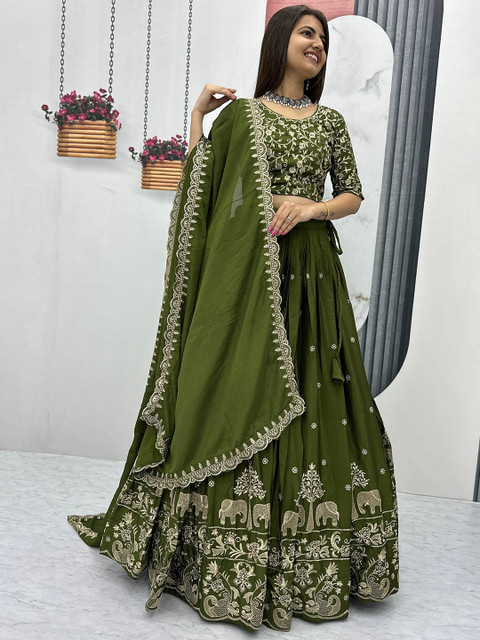 Piludi Embroidered Sequinned Semi-Stitched Lehenga & Unstitched Blouse With Dupatta