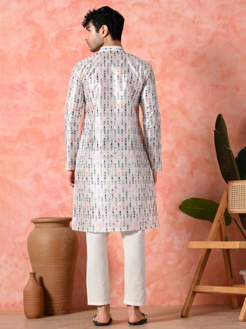 7 GEN Men Ethnic Motifs Printed Screen Print Festive Silk Straight Kurta - Image 5