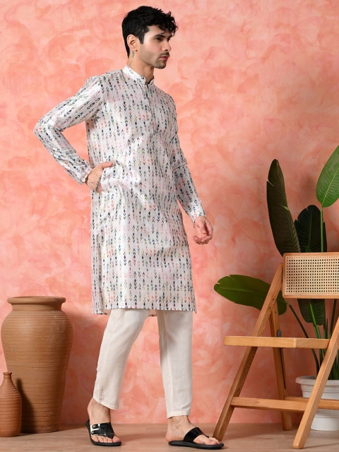 7 GEN Men Ethnic Motifs Printed Screen Print Festive Silk Straight Kurta - Image 3