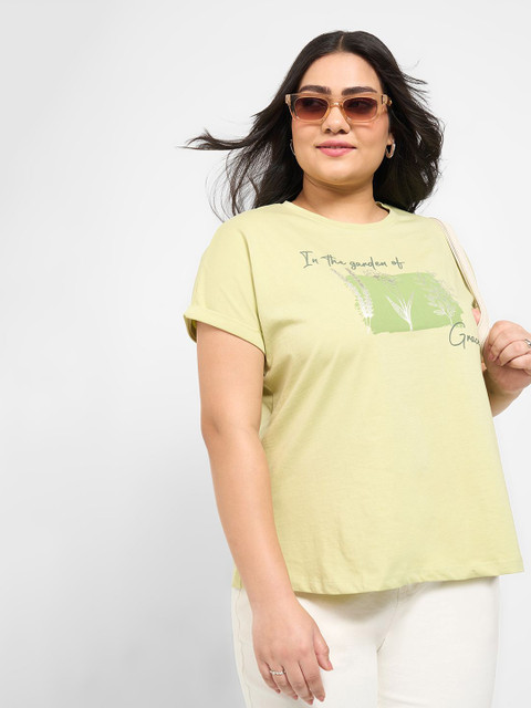 Honey Curvytude by Pantaloons Women Plus Size Printed Relaxed Fit Cotton Tshirt