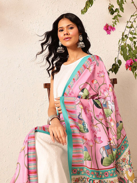 Silk Land Pen Kalamkari Mul Cotton Digital Printed Dupatta - Image 5