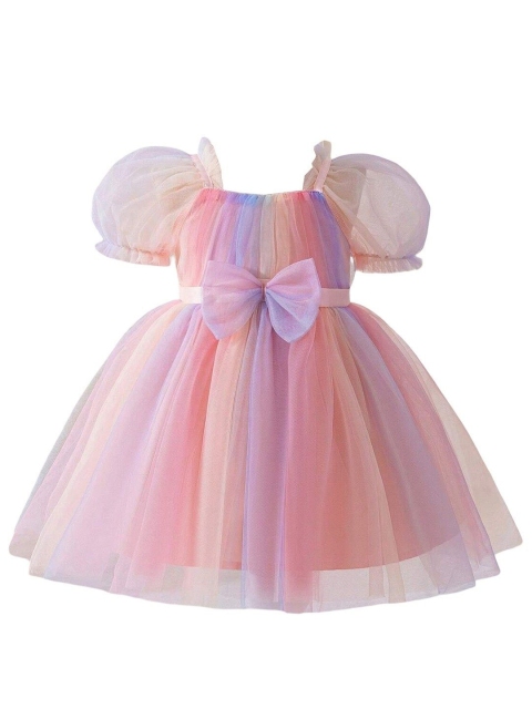 Miss & Chief Girls Colourblocked Puff Sleeve Net Fit & Flare Dress