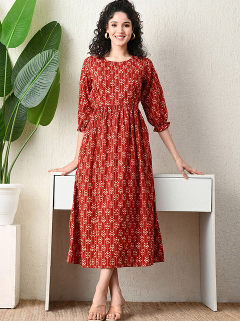 Ichaa Women Ethnic Print Puff Sleeve Maternity Fit & Flare Midi Dress