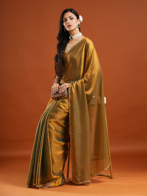 LOROFY Beads and Stones Embellished Tissue Saree