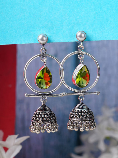 Bamboo Tree Jewels Artificial Stones Studded Oxidised Teardrop Shaped Jhumkas