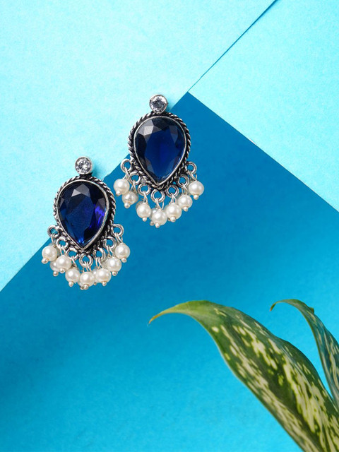 Bamboo Tree Jewels Artificial Stones Studded & Beaded Oxidised Oval Shaped Studs