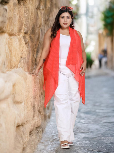 CURVE BY KASSUALLY Plus Size Striped Woven Design Sleeveless High-Low Shrug