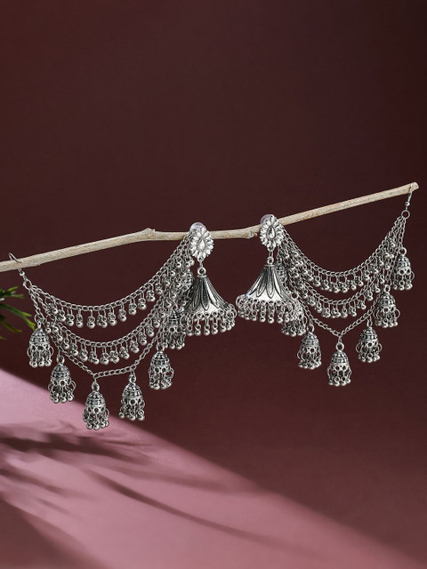 ATIBELLE German Silver-Plated Oxidised Dome Shaped Jhumkas With Earchain