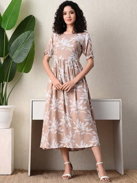 Ichaa Women Floral Print Puff Sleeve Maternity Fit & Flare Midi Dress
