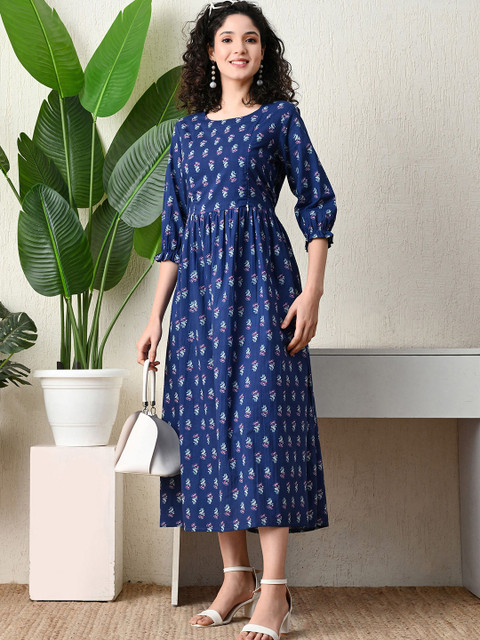 Ichaa Floral Printed Puff Sleeve Maternity Fit & Flare Midi Dress