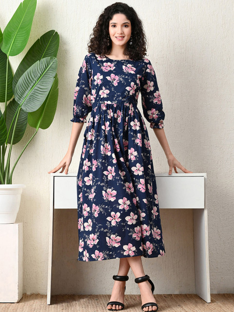 Ichaa Women Floral Printed Puff Sleeve Maternity Fit & Flare Midi Dress
