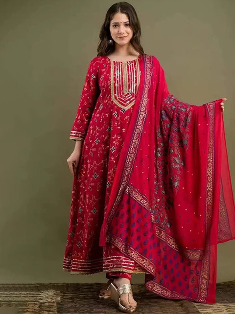 DIVASTRI Women Ethnic Print Embroidered Regular Pure Cotton Kurta With Trousers & Dupatta