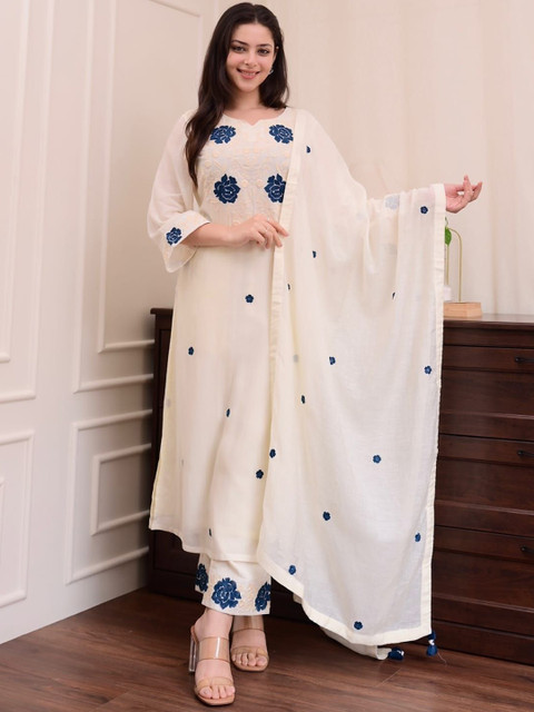 Growdamy Women Floral Embroidered Kurta with Trousers & Dupatta