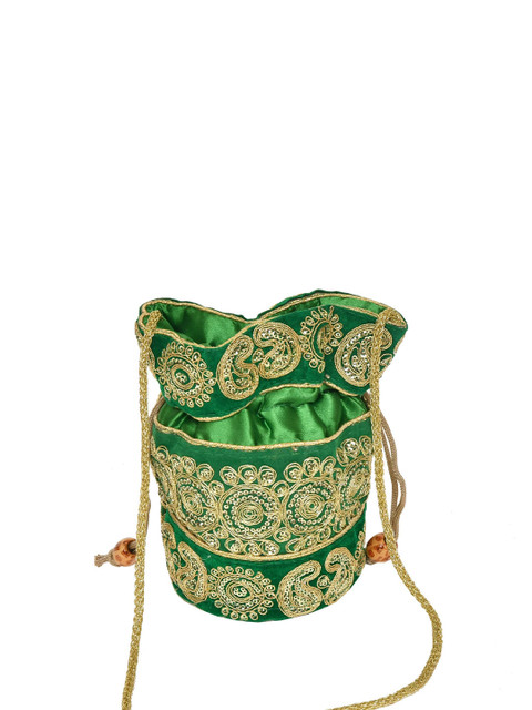 Exotic India Embroidered Sequinned Satin Potli Bag