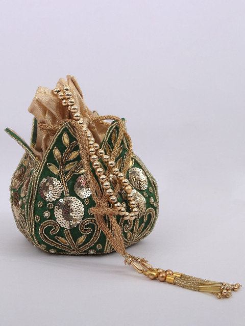 Exotic India Embellished Beads and Sequinned Velvet Lotus Potli Bag