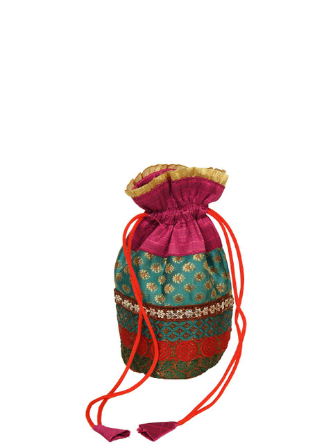 Exotic India Embroidered Silk Potli Clutch With Brocade Weave