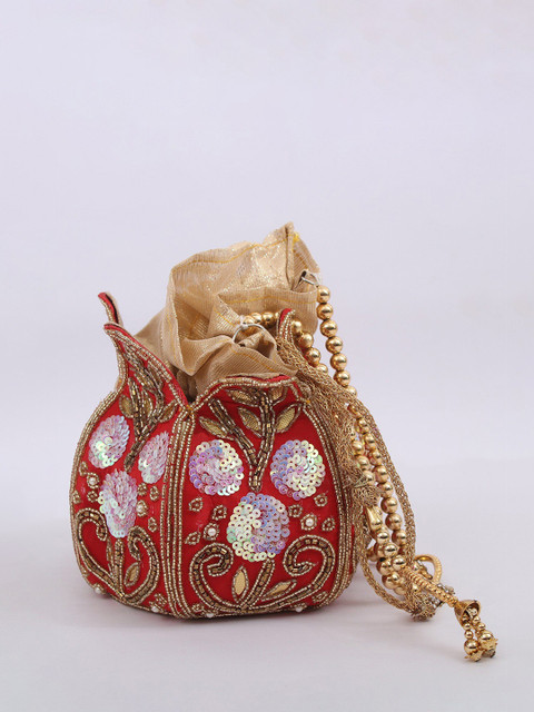Exotic India Drawstring Bridal Lotus Velvet Potli Bag With Bead & Sequins Embroidery