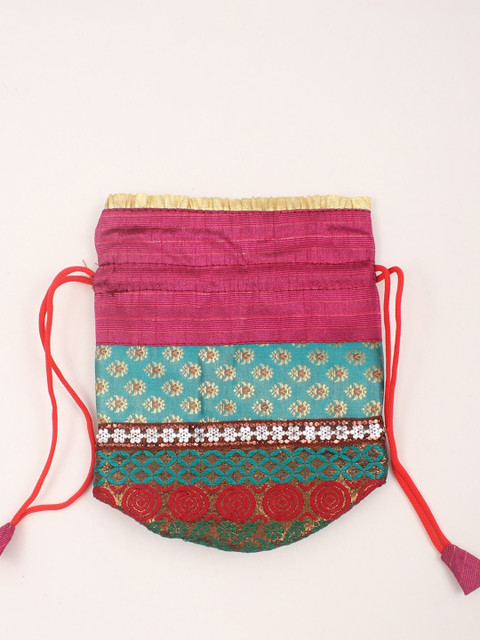 Exotic India Brocaded Drawstring Potli Clutch With Lace Work