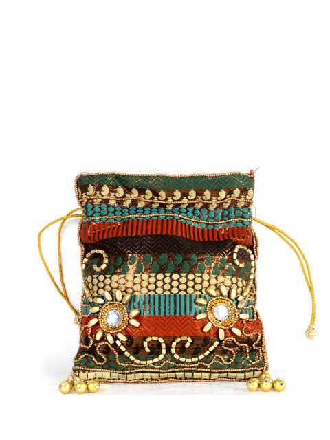 Exotic India Embroidered Silk Potli Clutch With Beadwork