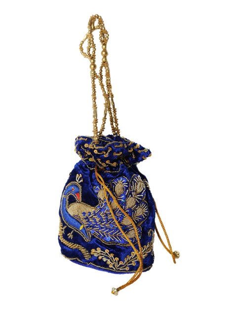 Exotic India Peacock Zardozi Embroidered Sequinned Velvet Potli Bag