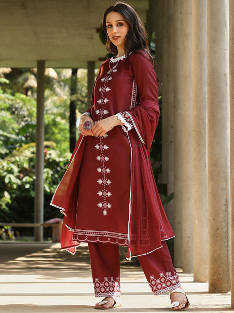 QISSA Floral Embroidered Thread Work Straight Kurta With Palazzos & Dupatta