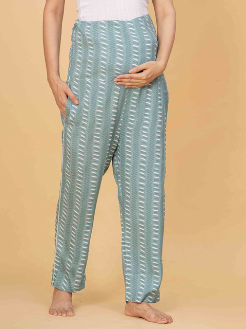 Meeranshi Women Geometric Printed Relaxed Flared High-Rise Maternity Cotton Trousers