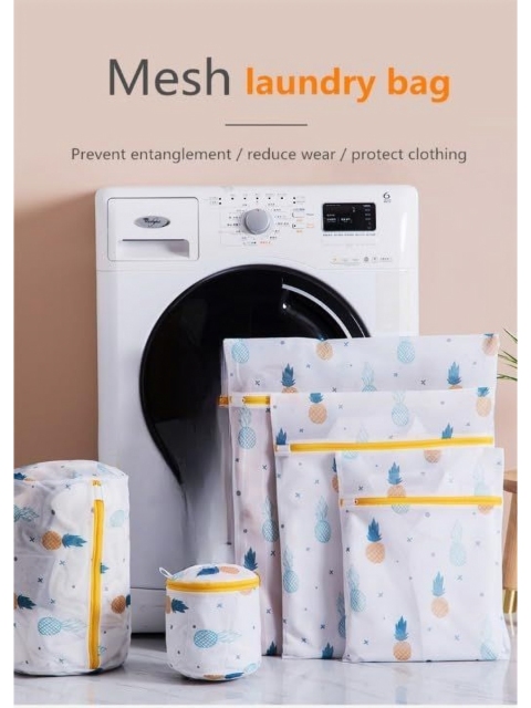 HomeCloud 5-Pcs White & Yellow Printed Mesh Laundry Clothes Washing Bag With Zip Lock - Image 3