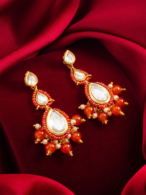 Anouk Gold-Plated Kundan Studded And Beaded Teardrop Shaped Drop Earrings