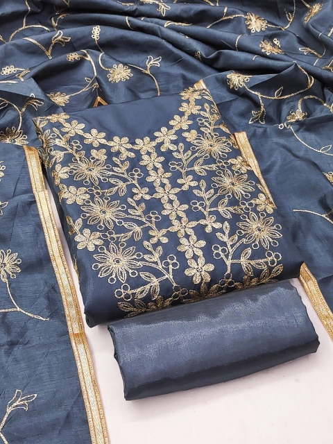 Panzora Floral Embroidered Thread Work Silk Unstitched Dress Material