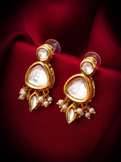 Anouk Gold Plated Kundan Studded & Pearls Beaded Contemporary Drop Earrings