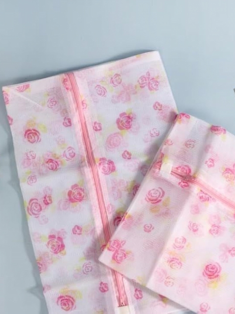 HomeCloud 5-Pcs White & Pink Printed Mesh Laundry Clothes Washing Bag With Zip Lock - Image 3