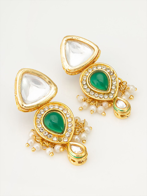 Anouk Gold Plated Kundan Stones Studded & Beaded Geometric Drop Earrings - Image 2