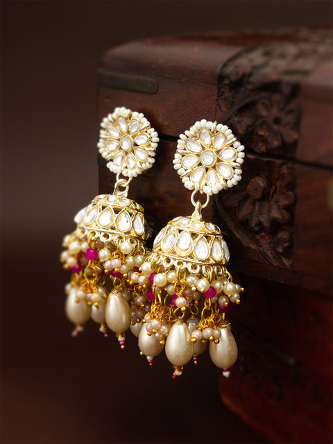 Anouk Gold Plated Kundan Stones Studded & Beaded Dome Shaped Jhumkas