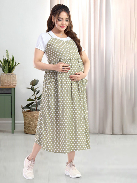 MomsBae Women Polka Dots Printed Cotton Fit & Flare Midi Maternity Dress