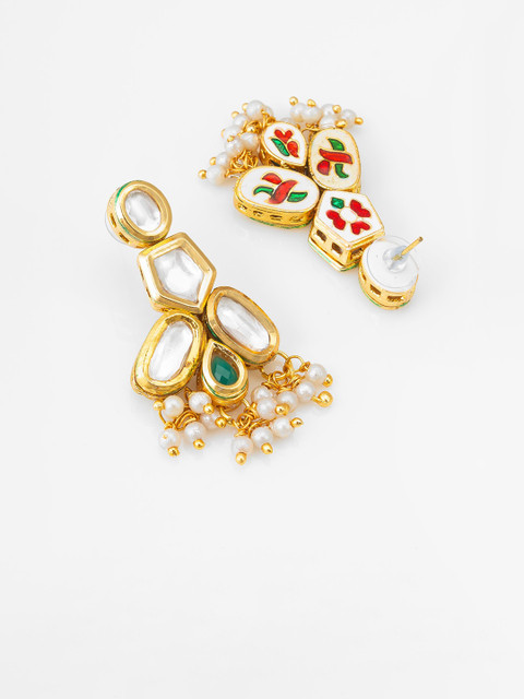 Anouk Gold Plated Artificial Stones Studded & Beaded Geometric Drop Earrings - Image 3