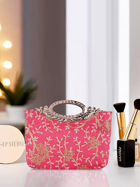 Kuber Industries Pink Polyester Floral Embroidered Hand Purse Clutch