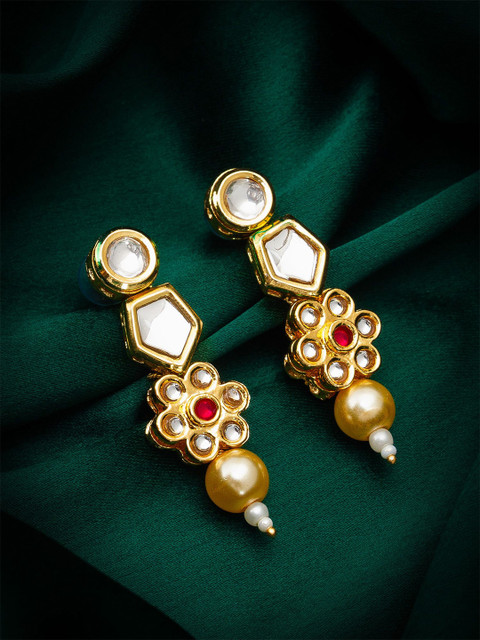 Anouk Gold-Plated Artificial Stones Studded And Beaded Geometric Drop Earrings
