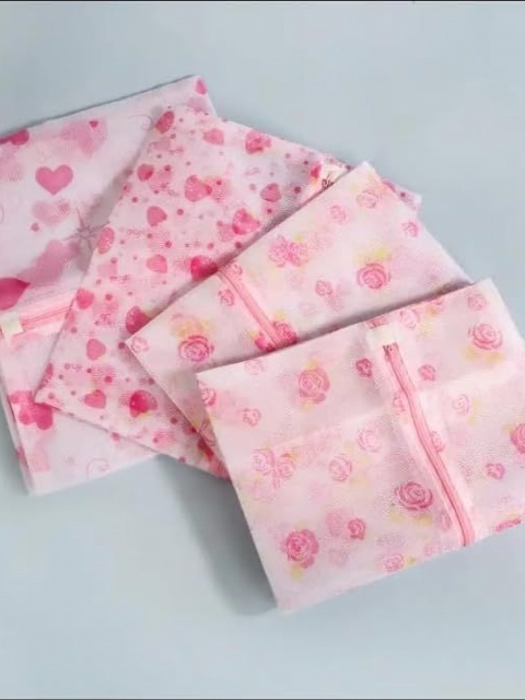 HomeCloud 5-Pcs White & Pink Printed Mesh Laundry Clothes Washing Bag With Zip Lock - Image 5